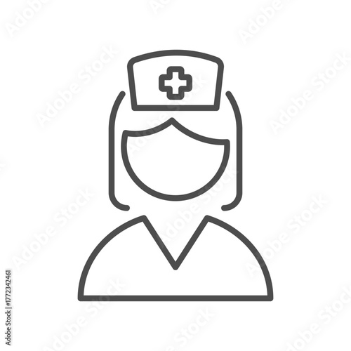 Nurse flat line icon. Vector outline pictogram of female healthcare worker with medical cap and cross, shoulders and head silhouette, symbolizing hospital staff, care, and medical service profession.
