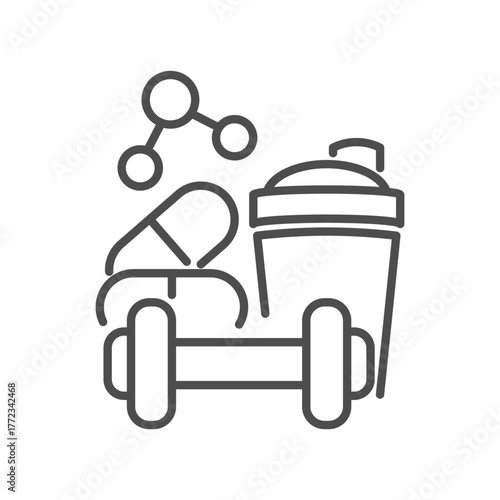Sports supplement flat line icon. Vector outline pictogram of shaker bottle, dumbbell, and capsule pills. Protein powder, vitamins, nutrition for fitness, workout, and bodybuilding performance.