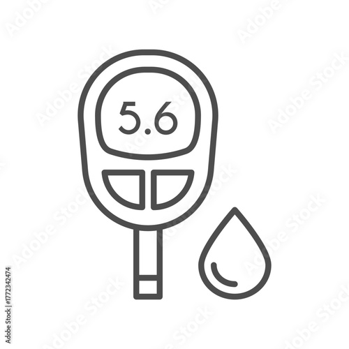 Glucometer flat line icon. Vector outline pictogram of blood glucose meter displaying reading with droplet, medical device for diabetes monitoring, testing, and sugar level measurement