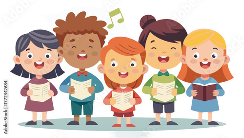 Vector illustration of four cheerful children in a choir, singing joyfully together, isolated on white background