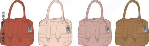A stylish collection of women's tote bags in four different warm color palettes. Vector illustration of fashionable handbag accessories