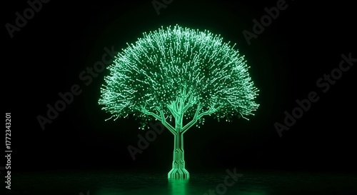 Glowing green tree made of fiber optics on a black background, symbolizing growth, technology, and nature in a futuristic concept.jpeg