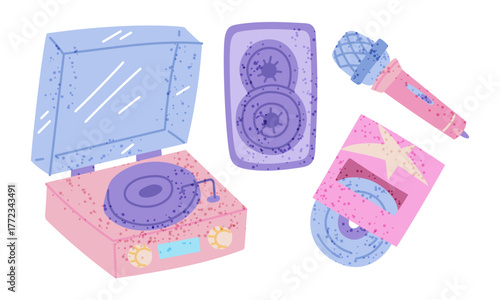 set of retro-pop music accessories. A turntable, speaker, microphone, and album with a record. Elements for fans of K-pop idols. A trendy, colorful, flat illustration for audio themes and posters.
