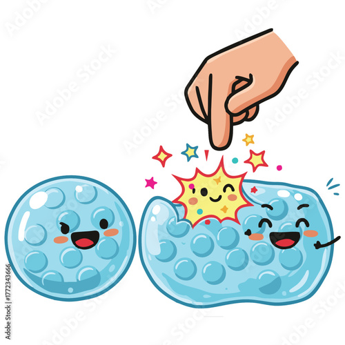 Whimsical vector illustration of a pop fidget toy getting popped by a human finger, bursting with cheerful stars and joyful facial expressions. Ideal for use in advertisements promoting relaxation