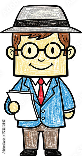 Cartoon Detective Holding Documents: Investigating Facts in a Business Environment, Perfect for Explainer Videos,  Corporate Presentations, Modern Marketing Campaigns, and Educational Materials, Featu