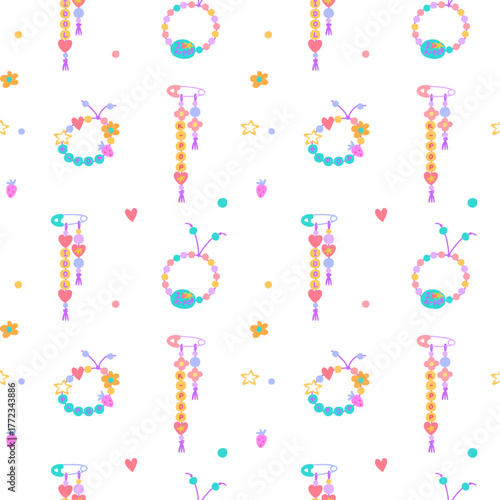 Seamless pattern with trendy K-pop beaded bracelets and friendship bracelets. Beads in support of the K-pop music group. Colorful flat vector illustration for backgrounds, textiles, packaging, designs