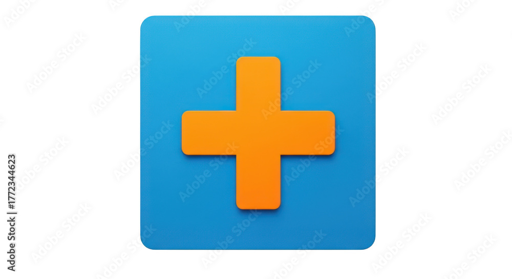 Fototapeta premium Bright orange plus sign icon symbol on blue square background simple graphic design element isolated on transparent background