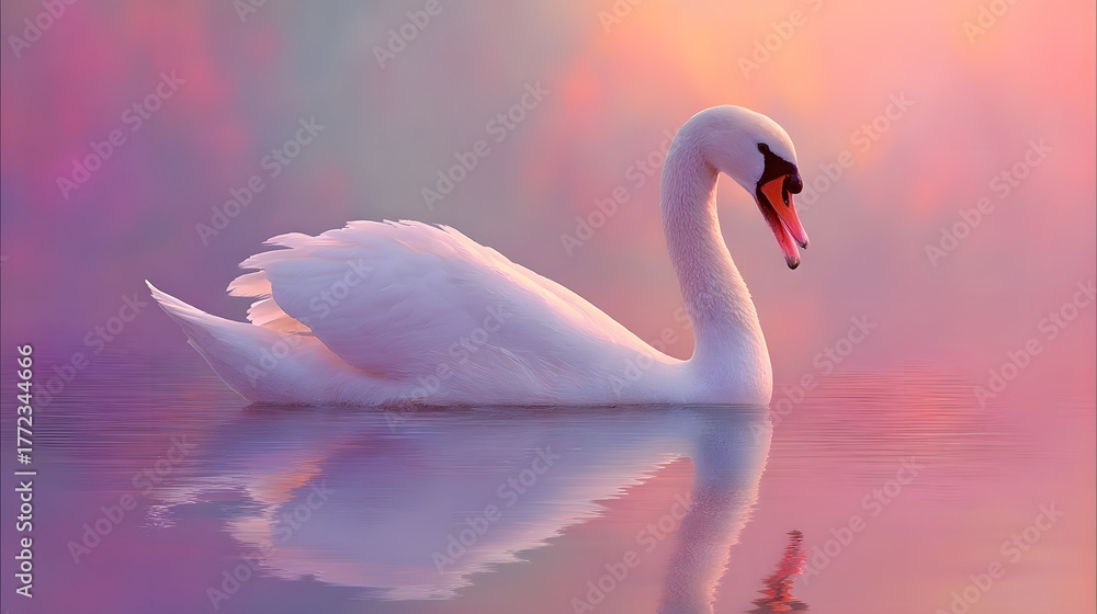 Fototapeta premium Majestic white bird gracefully floats upon tranquil water bathed in soft twilight hues