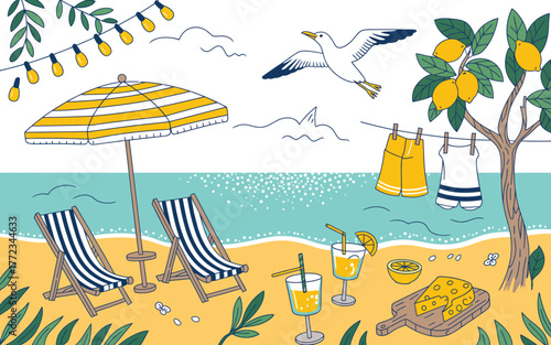 Beach scene with lounge chairs drinks and laundry summer