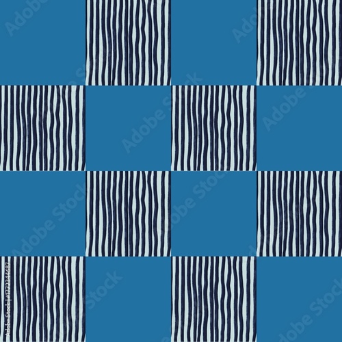 Modern Indigo Checkerboard Seamless Pattern, Minimalist Blue Geometric Textile and Wallpaper Design, Abstract Brushstroke Stripe Background