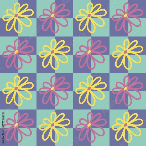 Groovy Retro Checkerboard Seamless Pattern, Vibrant Mid-Century Floral Grid, Pink Yellow and Teal Vintage Textile Background.