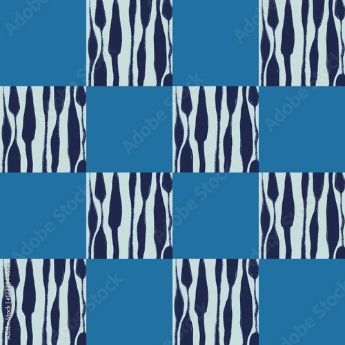 Modern Indigo Checkerboard Seamless Pattern, Abstract Brushstroke Stripe Background, Minimalist Blue Geometric Textile and Wallpaper Design.