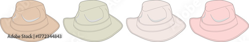 Collection of Four Sun Hats in Various Subtle Pastel Colors, Ideal for Summer Fashion and Outdoor Activities