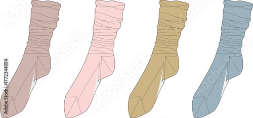 A set of four colorful ruched ankle socks in pastel shades of pink, blue, and tan. Vector illustration of fashion hosiery