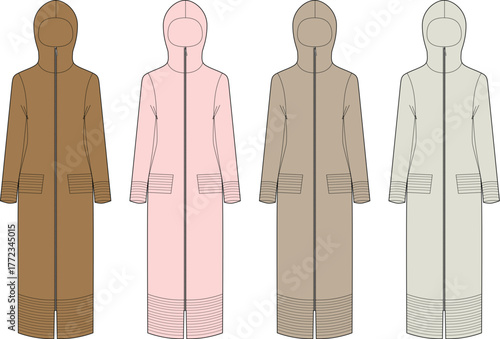 Fashion design technical flat illustrations showcasing a collection of long hooded zipper coats in various versatile color options, perfect for apparel development and style guides