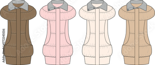 Collection of women's longline quilted puffer vests in multiple colorways. A technical fashion flat sketch vector template for winter outerwear apparel