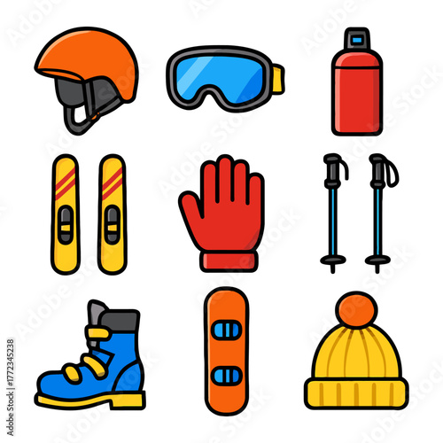 Colorful winter sports gear: helmet, goggles, skis, gloves, poles, boots, water bottle, beanie.
