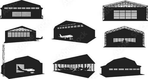 Airplane hangar silhouettes, aviation architecture, aircraft storage, black and white design, airport facility, hangar structure, flight operations, graphic illustration