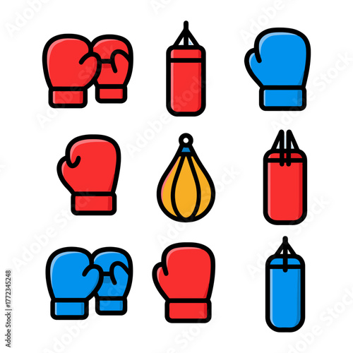 Colorful boxing equipment icons: gloves and punching bags in red, blue, and yellow.