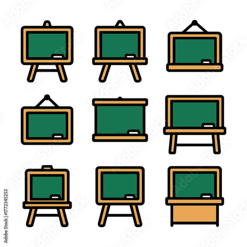 Collection of nine green chalkboard icons featuring different designs and stands.
