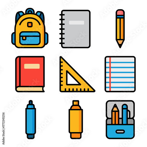 Colorful school supplies including backpack notebook pencil and ruler for students.
