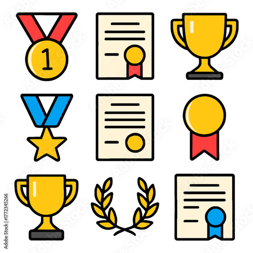 Gold trophies, medals, certificates, and laurel icons set.