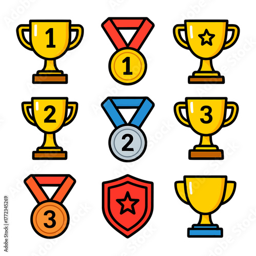 Set of gold, silver, bronze trophies and medals with star shield icon.