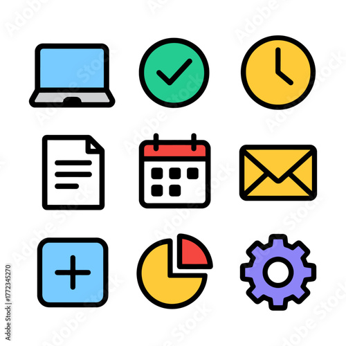 Colorful business and office icons set: laptop, chart, calendar, gear, checkmark, clock, email.