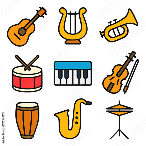Colorful musical instrument icons: guitar, lyre, trumpet, drum, piano, violin, conga, saxophone, cymbals.