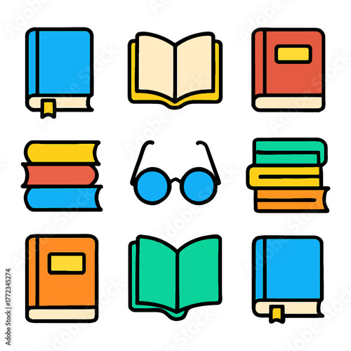 Colorful set of books and glasses icons for education and learning.