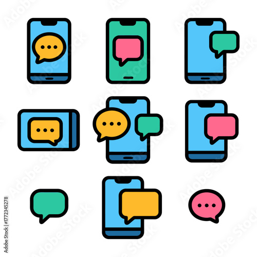 Colorful smartphone chat icons with speech bubbles.