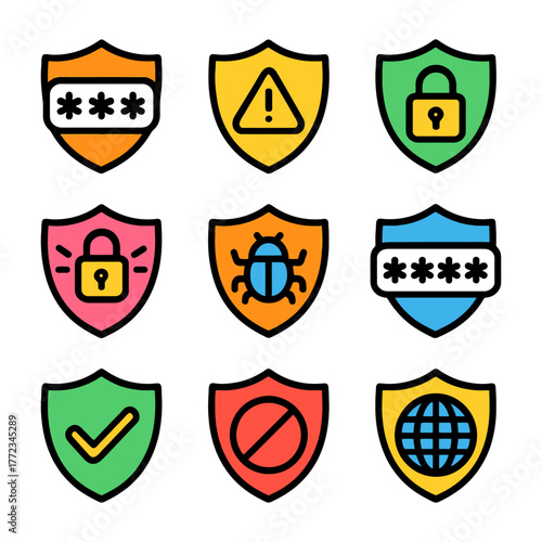 Colorful security icons featuring locks, shields, and warning symbols.