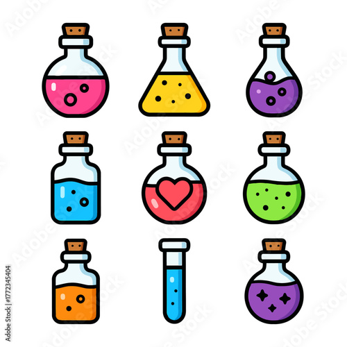 Colorful assorted potion bottles with different shapes and colors.