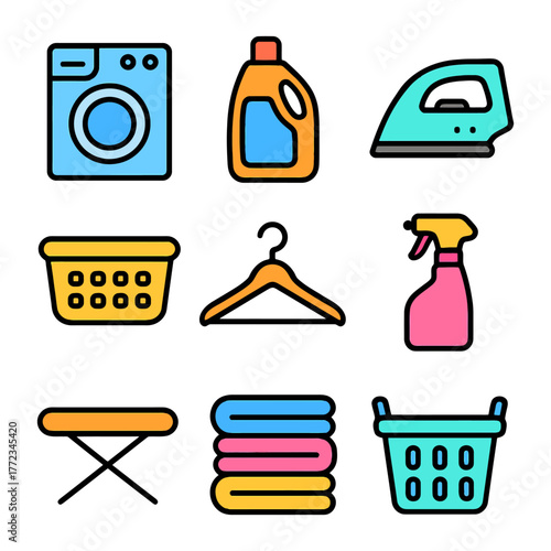 Colorful laundry icons featuring iron, detergent, and basket on white background.