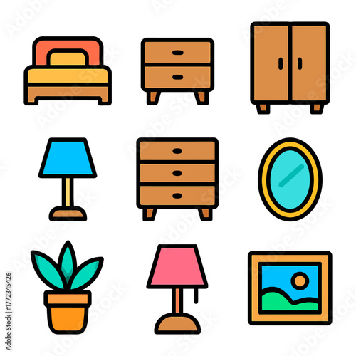 Colorful furniture icons set featuring bedroom and living room essentials.