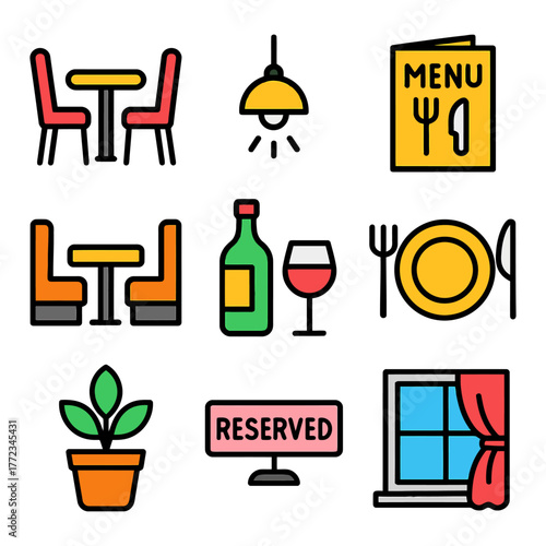 Restaurant icons set: dining table, menu, wine, reserved sign, plant, window, lamp.