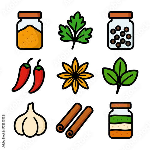 Assorted spice and herb icons with peppers, garlic, and leaves.