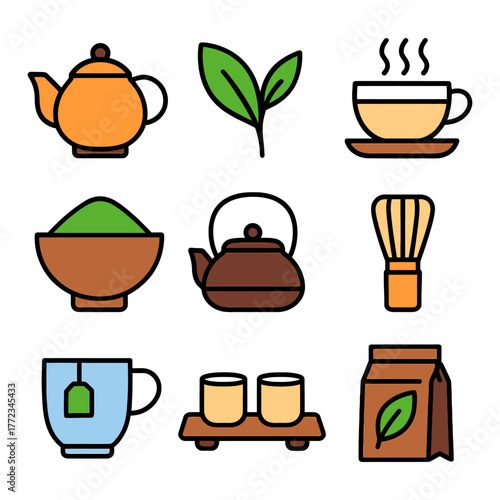 Tea set icons: teapot, cup, leaves, matcha bowl, whisk and mugs.