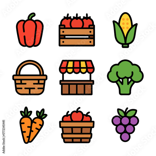 Colorful farmer's market icons: vegetables, fruits, basket, stall.