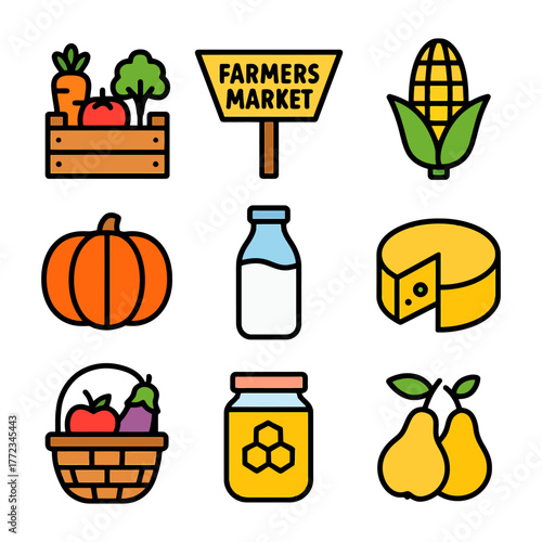 Colorful farmers market icons with vegetables, fruits, and dairy.