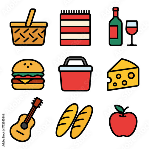Picnic essentials: basket, blanket, wine, burger, cooler, cheese, guitar, baguettes, apple.