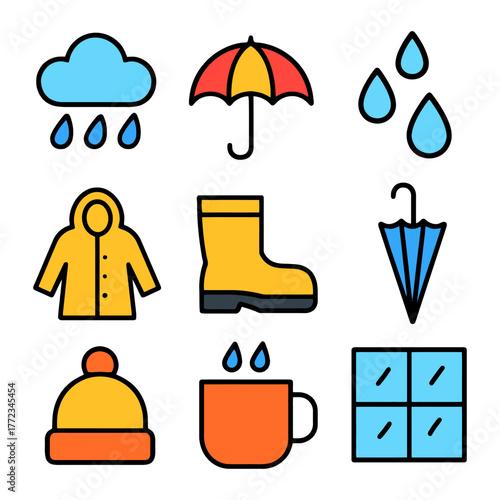Colorful weather icons set featuring rain, umbrella, raindrops, and more.