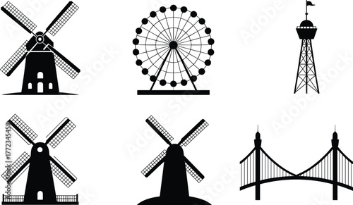 Architectural silhouette illustrations, black and white vector art of windmills, Ferris wheel, observation tower, and suspension bridge
