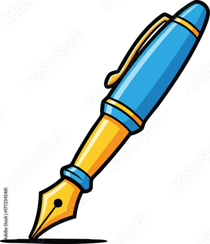 Blue And Gold Fountain Pen Writing A Line On White Background