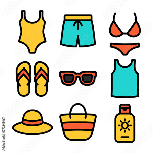 Summer beach essentials: swimwear, flip-flops, sunglasses, sun hat, tote, sunscreen.