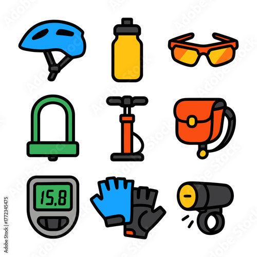 Bicycle accessories icons: helmet, bottle, sunglasses, lock, pump, bag, speedometer, gloves, light.