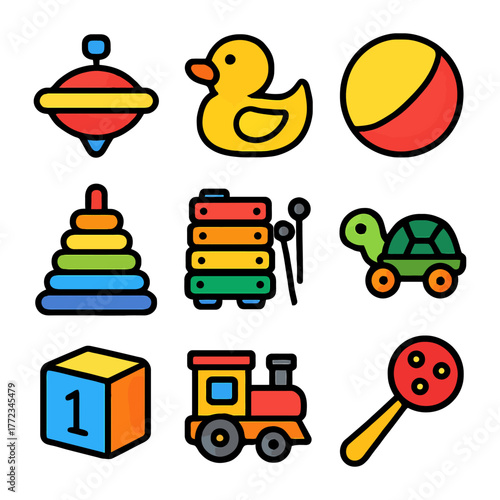 Colorful baby toys collection with duck, train, and blocks.