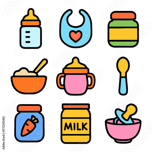 Colorful baby feeding essentials: bottles, bib, baby food, utensils, and more.