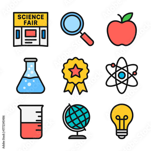 Science fair icon set: magnifying glass, apple, beakers, medal, atom, globe, light bulb.