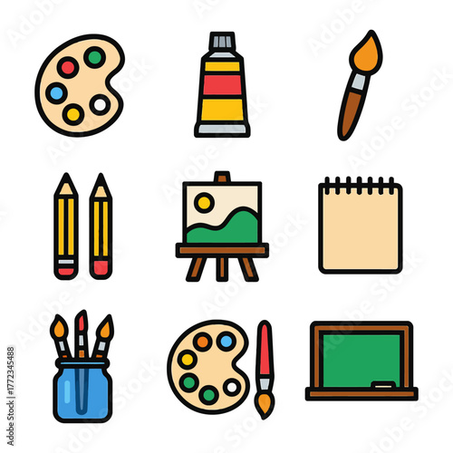 Colorful art tools set: palette, paintbrush, easel, and more for creative expression.
